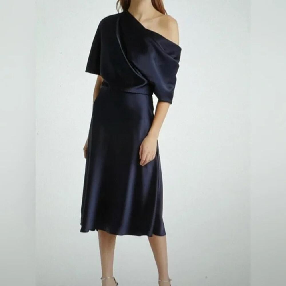 Amsale Draped Fluid Satin Slouch One-Shoulder Midi Dress Navy Wedding Guest, 4